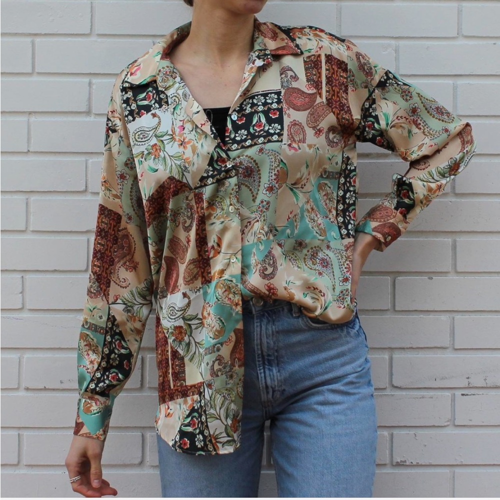 Printed satin-effect button up shirt from Zara